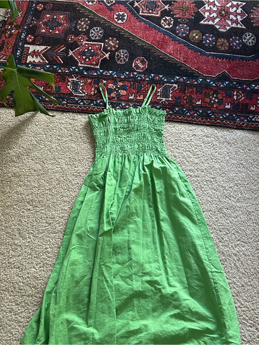65% Cotton / 35% Linen - Smocked Green Midi Dress with Spaghetti Straps